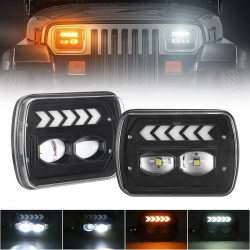 5x7 7x6 inch square led headlights with white drl & amber arrow dynamic sequential turn signals for truck