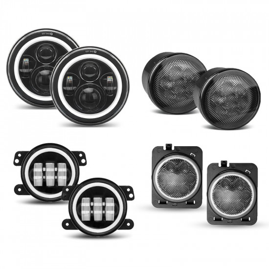 jk led bundle | 7" 80w headlights with drl and turn signals, 4" halo fog lights, front & fender turn signals