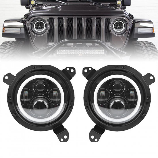 7" 80w jeep halo headlights with angel eyes and turn signal + 9'' led headlight bracket ring for 2018-later jeep wrangler jl and jeep gladiator jt