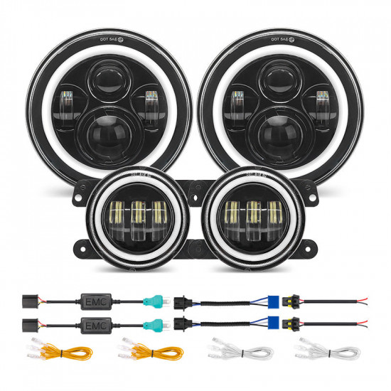 4-in-1 controlled 7'' led halo headlights and 4'' cree led halo fog lights with turn signals for jeep wrangler jk