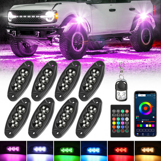 8 pcs rgb led rock lights with bluetooth app and remote control for bronco