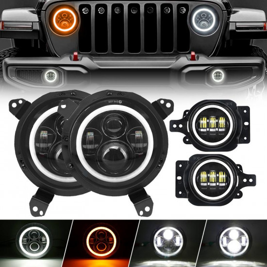 led halo headlights with turn signals + 9'' headlight bracket & led halo fog lights for 2018+ jeep wrangler jl and gladiator jt