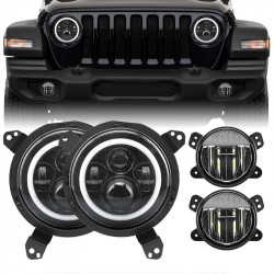 led halo headlights with turn signal lights + 9'' led headlight bracket ring & 4" led fog lights for 2018+ jeep wrangler jl and jeep gladiator jt	