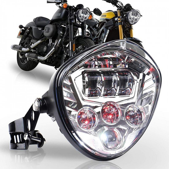 black/chrome universal led headlight with white & red drl + bracket for harley victory honda kawasaki suzuki yamaha