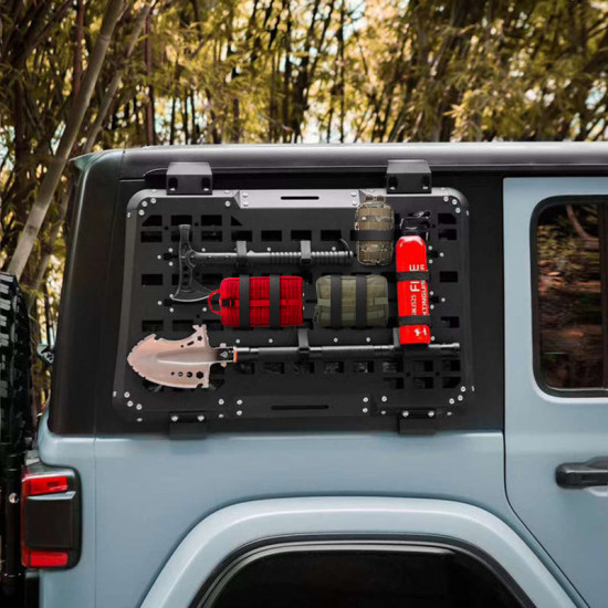 all-in-one rear window molle panel with fuel tanks & traction boards for jeep wrangler jl