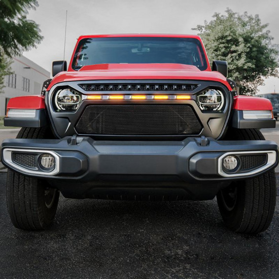 usa only black gladiator mesh grille with amber led running lights for 2018-later jeep wrangler jl and gladiator jt