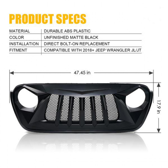 usa only black widow series replacement grille for 2018-later jeep wrangler jl jt