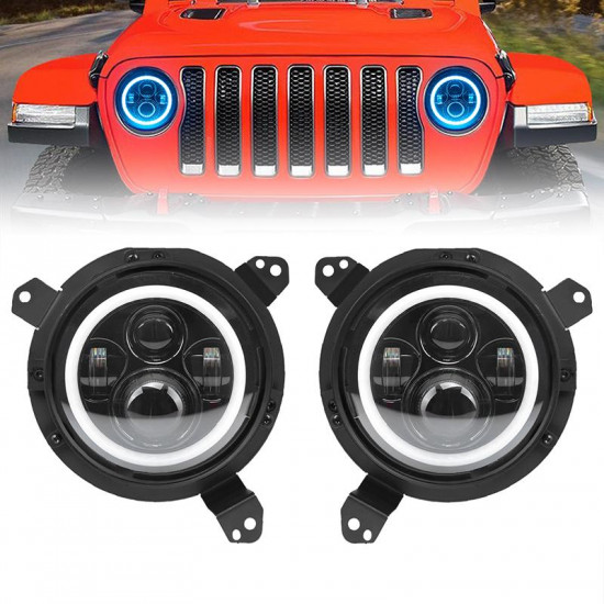 7" customized cree led projector headlights with blue halo with 9'' led headlight bracket ring for 2018+ jeep wrangler jl and jeep gladiator jt