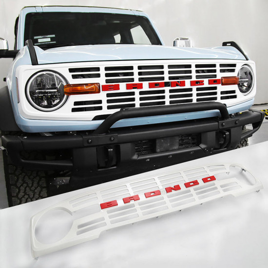 gloss white vintage style front grille with red letter for 2021-later ford bronco