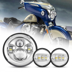 Chrome / Black Indian Motorcycle 7" LED Projector LED Headlight + 4.5" Cree Fog Lights