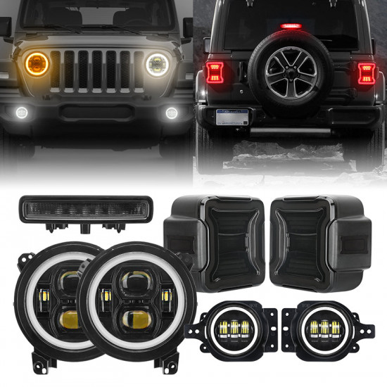 jl mega bundle - 9 inch led halo headlights with turn signals, fogs, tail lights, brake lights for jeep wrangler jl