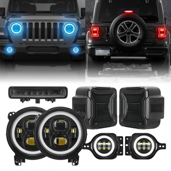 jl mega bundle - 9 inch led rgb halo headlights, rgb fogs, tail lights, brake lights for jeep wrangler jl