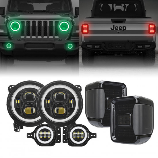 jt mega bundle - 9" led rgb halo headlights, rgb fogs, tail lights for jeep gladiator jt