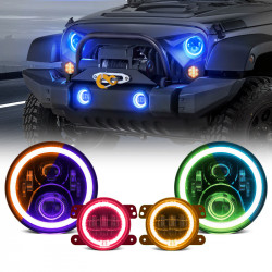 led rgb colour changing halo headlight with amber turn signal + fog light kit combo for 2007-2018 jeep wrangler jk