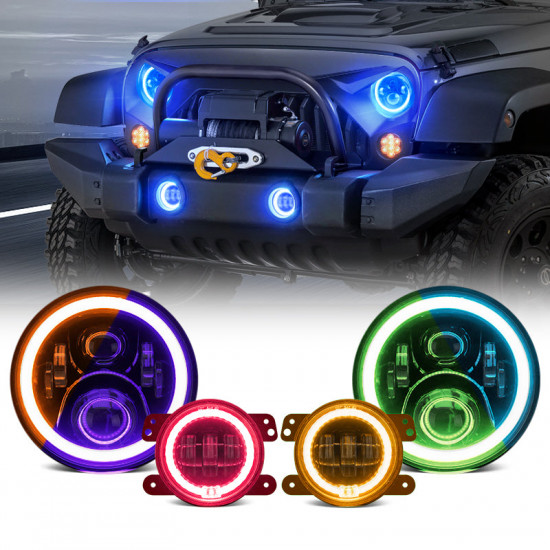 led rgb color changing halo headlight with amber turn signal + fog light kit combo for 2007-2018 jeep wrangler jk