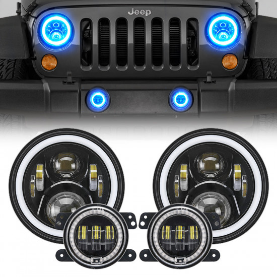 led rgb color changing halo headlight with amber turn signal + fog light kit combo for 2007-2018 jeep wrangler jk