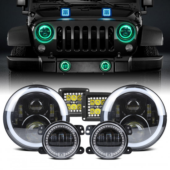 led rgb changing headlights + rgb fog lights + rgb work lights combo for 2007+ jeep wrangler