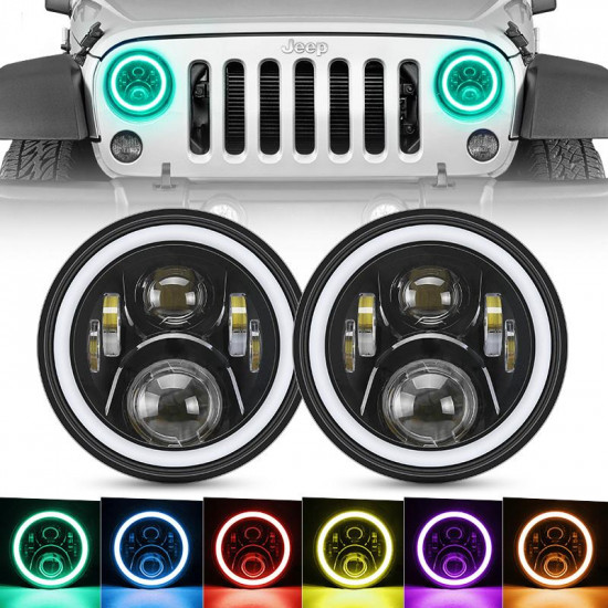 led rgb headlight bluetooth control with halo drl and turn signals for 1997-later jeep wrangler