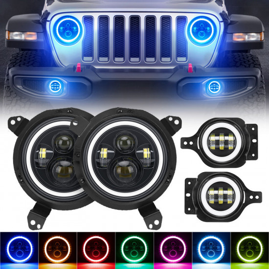 7 inch led rgb headlight with halo drl + 9" headlight bracket + led rgb halo fog light for 2018-later jeep wrangler jl and gladiator jt