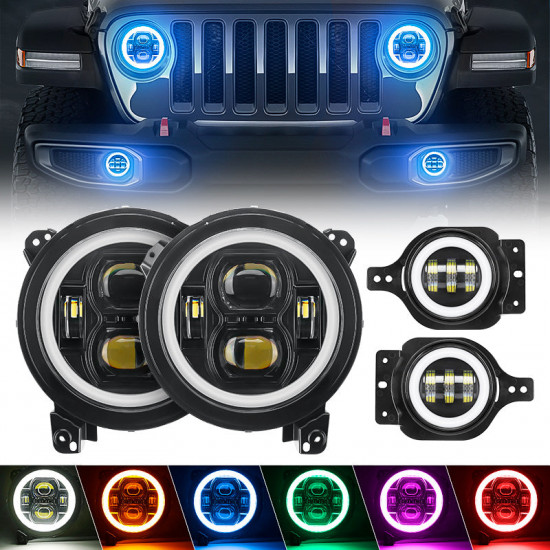 multi-function 9" led rgbw headlights & rgbw fog lights for 2018-later jeep jl and jt