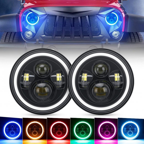 7" led headlights with rgb halo angel eye app or remote control for 1997-later jeep wrangler