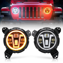 new v type 9” led halo healights with white drl and amber turn signal lights for 2018-later jeep wrangler and jeep gladiator