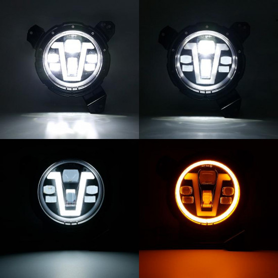 new v type 9” led halo healights with white drl and amber turn signal lights for 2018-later jeep wrangler and jeep gladiator