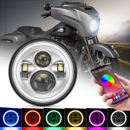 newest 7" led headlights with rgb halo angel eye app or remote control for indian motorcycle