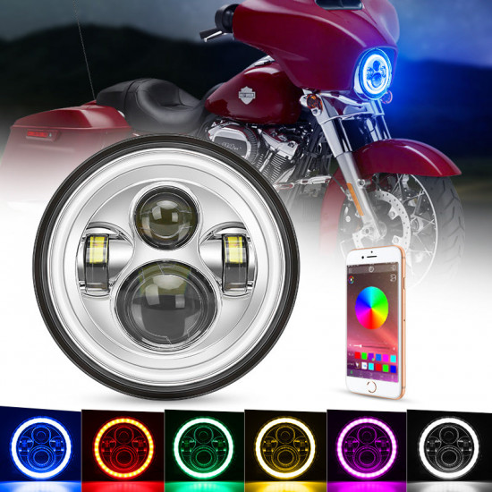 newest 7" led headlights with rgb halo angel eye app or remote control for motorcycle