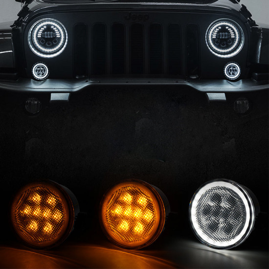 smoke/clear led amber turn signal light with halo drl for 07-18 jeep wrangler jk